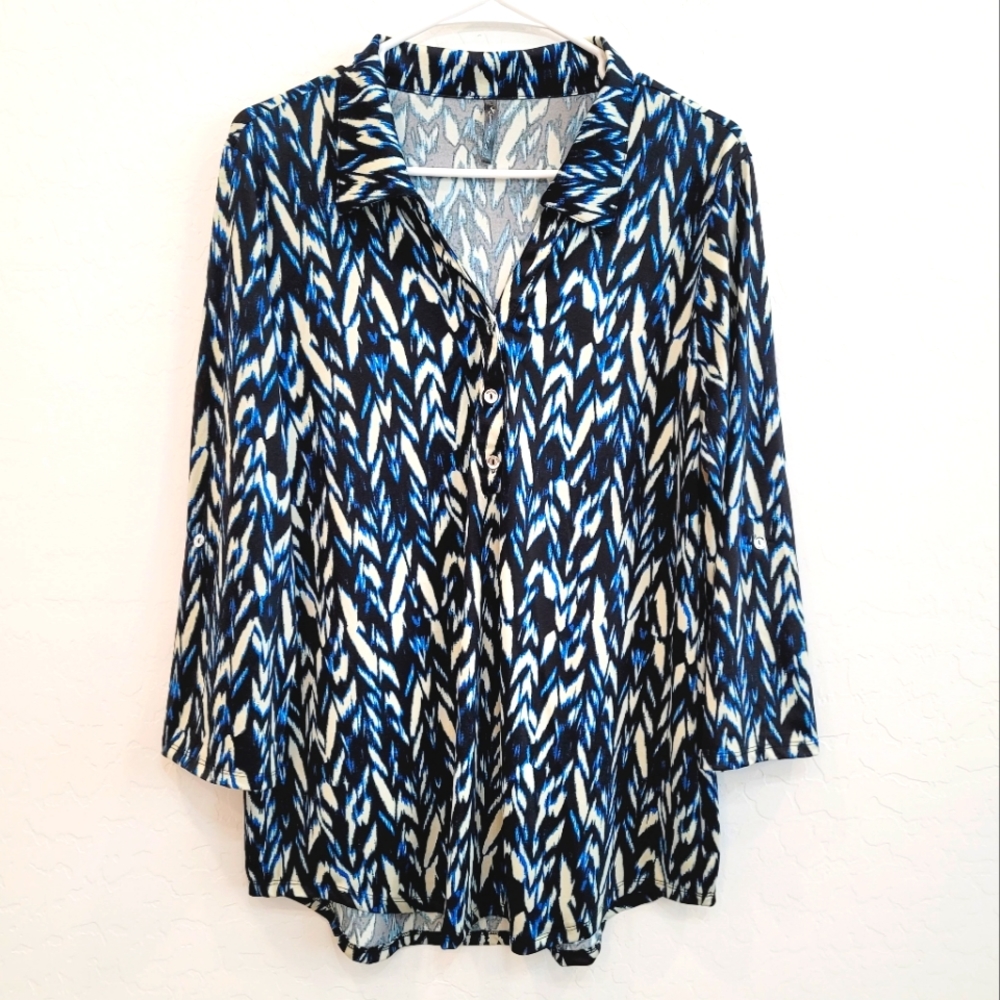 💕 Sweet Clarity Blue & Black Herringbone Print Blouse Top Women's Size Large